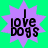 Three identical purple starburst shapes with black text "I love dogs" on a bright green background, one positioned lower left and two upper right.
