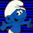 Four animated frames of a blue cartoon character with white hat and pants against striped background, arranged in 2x2 contact sheet.