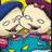 Two cartoon characters with light skin and blue hats, one covering their face while the other smiles widely in a teal outfit with pink accents.