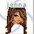 Pixelated icon of a person with long brown hair and light skin, wearing white clothing, with the name 'jenna' displayed above in gray text.