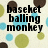 Pixelated icon with black text reading "baseballing monkey" over a light background with scattered blue and brown circles.