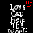 A black background displays white pixelated text reading 'Love Cap Help The World' with a red pixelated heart above the 'e' in 'Love' on the left side.
