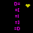 A black background displays two vertical of pink text symbols with three yellow pixelated icons in between
