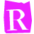 A static contact sheet showing two frames of an animated icon with a large white letter R on a magenta background and scattered gray pixelated shapes.