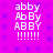 Pixelated text displays 'abby', 'Ab By', 'ABBY' in varying cases, and six exclamation marks on a purple background with blue speckles.