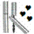 Pixelated static image shows two gray mechanical structures with green and blue accents on left, three black heart shapes with multicolored borders on right against white background.