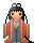 Pixel art contact sheet of a 12-frame animation showing a character in traditional East Asian attire performing sequential actions with sunflower props against a gray background.