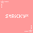 Pixelated pink background with repeated white text 'stricky*' and star-shaped animations in four corners.