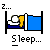 Pixel art of a person sleeping in a bed with blue sheets, white pillow, and yellow blanket, under 'Z...' and 'Sleep...' text.