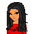 Pixel art of a person with long black hair wearing red top and dark pants, holding a red patterned object, with text elements visible.