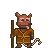 Pixelated character with brown fur, small ears, and a tail holding a wooden staff against gray background.