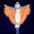 Pixelated figure with outstretched wings against dark background, white torso and head, orange wing sections, blue accents on upper edges.