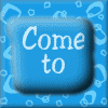 Blue background with light blue bubble shapes; two rounded square buttons display text and a character image.