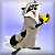 Pixelated raccoon-like animal with gray fur, black mask, and red nose holds a yellow object against light blue background.
