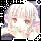 Pixelated anime-style close-up of a character with white hair and pink cheeks, framed by a black border with purple corner accents on a gray background.
