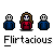 Pixel art of three figures with a central female character in red dress and brown hair, flanked by two blue figures, with 'Flirtacious' text below.