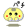 Pixelated yellow circular character with black eyes, red cheeks, and gray top section; two versions show mouth changes while standing on brown base.
