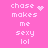 Pixelated pink background with white text 'chase makes me sexy lol' and two distinct animated heart symbols replacing static hearts.