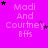 A bright pink background displays repeated text "Madi And Courtney Bffs" with scattered black and purple stars, some of which move across the frame.