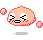 Pixelated peach-colored character with red outline, white eyes with black pupils, and red tear-like marks under eyes, shown in four variations with different mouth shapes and floating pink orbs.