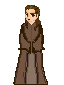 Pixel art character in brown robe with layered sleeves and gray undergarment, standing against light gray background, showing four distinct facial expressions