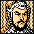Pixelated static icon of a historical figure with orange and black accents on a beige grid background, featuring dithering patterns and blocky rendering typical of early digital art.