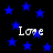 Black background with scattered blue stars and four instances of the word 'Love' in white pixelated text.