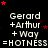 identical pixelated text blocks on a black background with red stars, each block reading 'Gerard +Arthur +Way =HOTNESS' in white and gray lettering