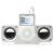 Pixelated static image of a white electronic device with two black circular speakers flanking a central screen and control area.