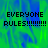 Green and blue pixelated background with black text reading EVERYONE RULES followed by multiple exclamation marks in three separate sections.
