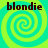 Four identical display a spiral pattern with alternating cyan and lime green colors, each containing the word 'blondie' in dark brown pixelated text at the top