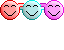 Two of pixelated smiley faces in red, teal, and pink with closed eyes and black smiles on a gray background