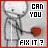 A contact sheet of 11 animated frames showing a stick figure holding a broken red heart, with text reading "CAN YOU FIX IT?" in pixelated font.