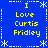 Blue background with yellow text reading "I Love Curtis Fridley" arranged in four quadrants, bordered by white dashed lines and snowflake symbols.