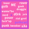 identical pink square icons with purple borders, each containing repeated text in white and blue fonts