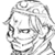 Pixelated grayscale icon of a stylized character face with simplified features and abstract hair, rendered in low-resolution dithering on white background.