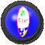 Circular blue icon with black border containing a white oval emblem with green palm tree, red text, and yellow/blue base.