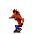 A sequence of 20 pixel-art frames showing an orange anthropomorphic character with blue pants and brown shoes performing a running animation against a solid gray background.