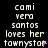 Pixelated text displays 'comi vera santos loves her tawnystar' in white on black with pink and purple accents, arranged in a of three and four