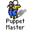 Animated contact sheet of a 5-frame Puppet Master icon showing sequential stick-figure motion with consistent text and color scheme.