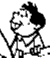 Black-and-white cartoon character with spiky hair and a collared shirt, smiling broadly while holding an object in both hands.