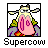 Pixelated cartoon character with pink body, yellow head, and green accents inside a black square frame, below which is the text "Supercow" in pixel font.
