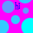 A vibrant pattern of overlapping blue and cyan circles on a bright pink background with repeated purple 'hi' text.