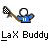 Animated contact sheet showing 11 frames of a pixel art buddy icon featuring a white stick figure in blue clothing holding a checkered lacrosse stick, with visible motion across sampled frames and repeated text below each frame.