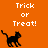 Pixelated orange background with white "Trick or Treat!" text and black cat silhouettes in various positions across the frame.