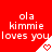 Red background with repeated white text 'ola kimmie loves you' and a small red heart on a white triangular shape.