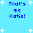 Blue pixelated text 'That's me Katie!' on light blue background with white star shapes, repeated in a pattern