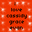Red background with white sparkles and black text repeating 'i love cassidy grace evan' in two