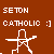 Brown background with white pixelated text reading 'SETON CATHOLIC :]'; below, a white pixelated figure in motion pose holding an object.