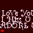 Pixelated text repeats 'Love You', 'I Miss U', and 'ADORE' with red heart symbols on a dark brown background.